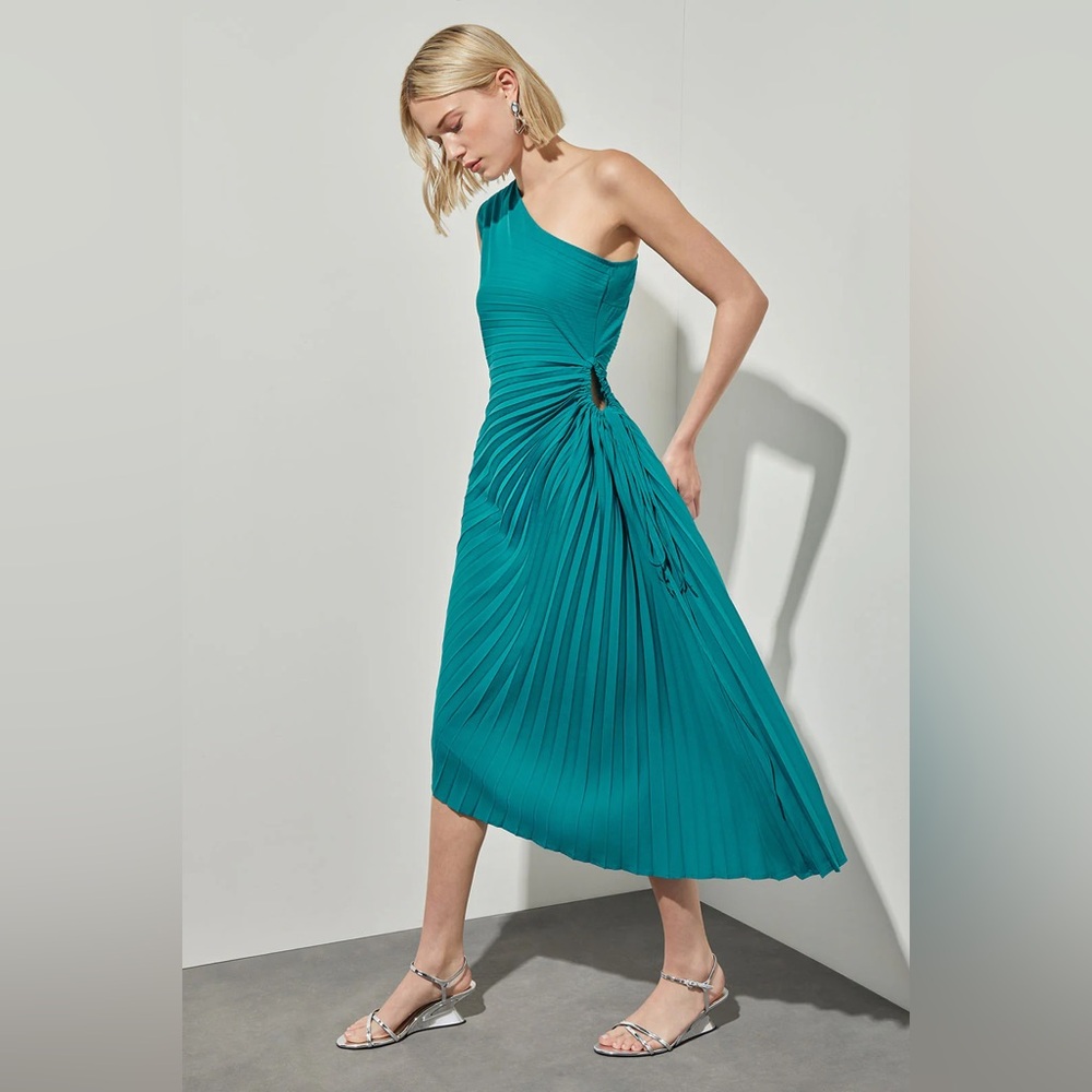 Ming Wang Modern Fit Asymmetrical Hem Midi Dress-Pleated Woven